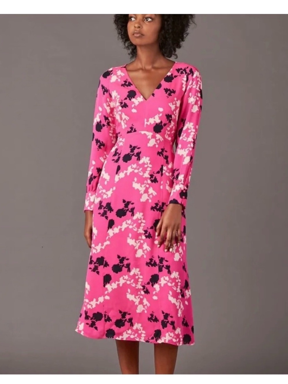 Tanya Taylor Hot Pink Floral V-Neck Long Sleeve Midi Dress